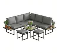Outsunny Salon de jardin 6 places modulable Table basse bois PSPC gris