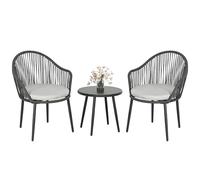 Outsunny Salon de Jardin bistrot, Ensemble bistrot de Jardin 3 pièces Cadre en Acier 2 fauteuils + 1 Table Basse avec Plateau en Verre trempé, Coussins Inclus Gris