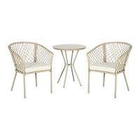 Outsunny Salon de Jardin bistrot, Ensemble bistrot de Jardin 3 pièces Table d'appoint Ronde métal, Plateau Verre trempé, 2 fauteuils avec Coussins, Corde en résine tressée, Beige