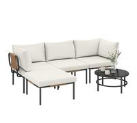 Outsunny Salon de jardin en rotin 5 pièces, salon de jardin extérieur en L avec 3 chaises, repose-pieds, table en verre, coussins lavables, assise profonde, en acier, pour balcon, terrasse, kaki