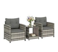Outsunny Salon de Jardin Extérieur 3 Pièces en Résine Tressée, Table de Jardin avec Rangement, 2 Fauteuils avec Coussins Lavable, Mobilier de Jardin pour Balcon Terrasse Patio, Gris Clair