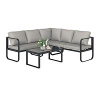 Outsunny Salon de Jardin extérieur 3 pièces, Lot de Salon de Jardin d'angle 5 Places avec canapés et Table Basse en Verre, Assise réglable 5 Positions, Coussins, mobilier de Jardin terrasse, Gris