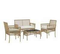 Outsunny Salon de Jardin extérieur 4 pièces canapé 2 Places + 2 fauteuils + 1 Table Basse Plateau Verre trempé Noir 3 Coussins d'assise - métal et résine tressée - Beige