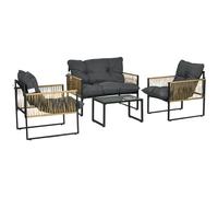 Outsunny Salon de Jardin extérieur 4 pièces mobilier de Jardin canapé 2 Places 2 fauteuils et 1 Table Basse Plateau Verre trempé 3 Coussins Acier et résine tressée - Gris
