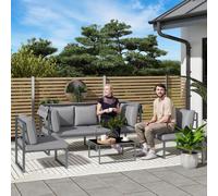 Outsunny Salon de jardin extérieur 4 pièces modulaire avec canapé, fauteuil et table basse en verre trempé, coussins inclus, gris