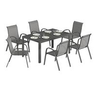 Outsunny Salon de Jardin extérieur 7 pièces, Table de Jardin extérieure avec 6 chaises empilables, Plateau à Lattes 150 cm, Structure en Acier Anti-Rouille, mobilier de Jardin, terrasse, Gris Clair