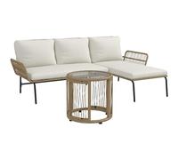 Outsunny Salon de Jardin extérieur d'angle 3 Places modulable en résine tressée avec canapés, Chaise Longue, Table Basse en Verre et Coussins, mobilier de Jardin, terrasse, Patio, crème