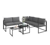 Outsunny Salon de Jardin extérieur d'angle 4 pièces avec canapé 3 Places, canapé 2 Places et 2 Tables Basses gigognes en Verre trempé, mobilier de Jardin Coussins Inclus, pour terrasse Veranda, Gris