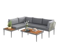 Outsunny Salon de Jardin extérieur d'angle 4 Places modulable en Bois d'acacia et Acier avec canapés et Table Basse, Plateau à Lattes et Coussins Inclus, mobilier de Jardin terrasse véranda, Gris