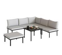 Outsunny Salon de Jardin Extérieur d'angle Modulable 6 Personnes Gris Clair | Canapé, Fauteuils, Repose-Pieds, Table Basse Plateau Verre Trempé, Coussins, Mobilier de Jardin, Terrasse, Balcon