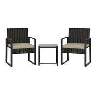 Outsunny Salon de Jardin Extérieur en Résine Tressée 2 Personnes Marron | Table de Jardin Extérieure avec 2 Chaises, Plateau en Verre Trempé et Coussins, Mobilier pour Balcon Terrasse Patio