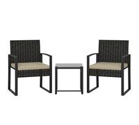 Outsunny Salon de Jardin extérieur en résine tressée 2 Personnes, Table de Jardin extérieure avec 2 chaises, Plateau en Verre trempé et Coussins, mobilier de Jardin pour Balcon terrasse Patio, Marron