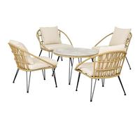 Outsunny Salon de Jardin extérieur, Table de Jardin avec chaises, Lot de 5 pièces avec 4 fauteuils et 1 Table Basse Ronde Plateau Verre trempé - Style bohème + 8 Coussins - résine tressée