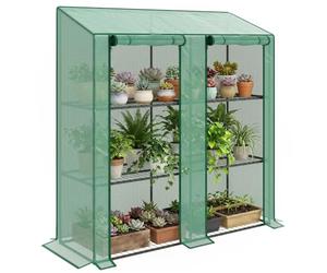 Outsunny Serre adossée Mini, Couverture Plastique, 143x46x151cm, Vert | Renforcée, portable, serre intérieure/extérieure, 2 portes enroulables, 3 niveaux, 6 étagères en fil métallique