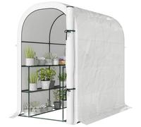Outsunny Serre de jardin avec étagères, 123x187x189cm, petite serre avec porte enroulable, bâche PE haute densité 140 g/m², blanc