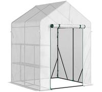 Outsunny Serre de Jardin PE avec étagères 2 Niveaux, Serre de Balcon, bâche renforcée 140 g/m², châssis en Acier, Porte zippée Enroulable, pour légumes Plantes Fleurs, 143x143x195cm, Blanc