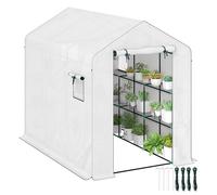 Serre De Jardin 4 Étagères - Porte Enroulable Zippée, 2 Fenêtres - 143 X 215 X 190 Cm - Acier Vert Pe Blanc