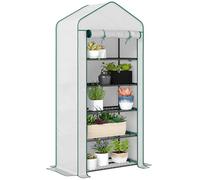 Outsunny Serre de Jardin PE avec étagères 5 Niveaux, Serre de Balcon, bâche renforcée 135 g/m², châssis en Acier, Porte zippée Enroulable, pour légumes Plantes Fleurs, 90x49x193cm, Blanc
