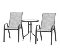 Outsunny Set Bistro 3 Pièces avec 2 Chaises de Jardin Respirantes Empilables et Petite Table Ronde, Set Table et Chaises de Jardin en Acier et Verre, Ensemble de Jardin pour Patio, Cour, Gris