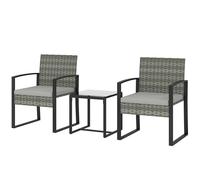 Outsunny Set bistro en rotin, ensemble de jardin 3 pièces avec 2 chaises de jardin, table basse, coussins amovibles Gris clair