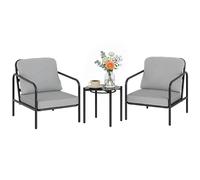 Outsunny Set de bistro 3 pièces en acier, ensemble de jardin avec 2 chaises avec coussins épais, table basse avec plateau en verre trempé, pour terrasse, noir et gris clair