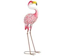 Outsunny Statue de Jardin Flamant Rose, Sculpture d'Oiseau en Métal avec Plumes Florales, Décoration Extérieure avec Piquets de Fixation pour Jardin, Terrasse ou Paysage, Rouge