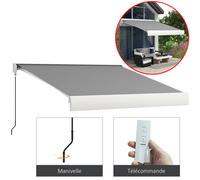 Outsunny Store banne motorisé, Store banne électrique, 3 x 2,5 m, Angle réglable 14°-30°, avec télécommande et manivelle Manuelle, en Aluminium et Polyester de 270g/m² Protection Solaire, Gris Clair