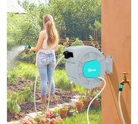 Outsunny Support de tuyau de jardin 25+2 m de tuyau de jardin dans un boîtier robuste Fixation murale 7 motifs de pulvérisation Pivotant à 180° Gris