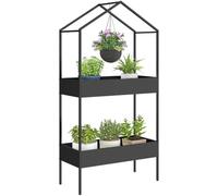 Outsunny Support plantes 2 niveaux métal étagères crochet Noir | Porte-pots en forme de maison, jardin, patio, balcon, salon, extérieur