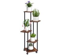 Outsunny Support plantes 5 niveaux roues acier 110 cm carbonisé | Support à fleurs en bois multi-niveaux, pour intérieur/extérieur, jardin et balcon décor