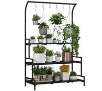 Outsunny Support pour plantes à 3 niveaux, étagère à fleurs avec 6 crochets, escalier pour plantes, étagère pour jardin, acier, noir, 110 x 50 x 170 cm