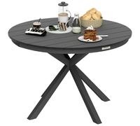 Outsunny Table à Manger de Jardin, Table de Jardin Ronde Ø 118 cm avec Cadre en Aluminium, Plateau Aspect Effet Bois et Patins de Pieds réglables, pour Balcon, Porche, terrasse, Noir