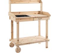 Outsunny Table de plantation avec tiroir, 2 étages, table de jardin avec évier et roulettes en bois de pin naturel 92 x 45 x 119 cm