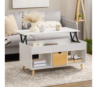 Outsunny Table Basse Relevable avec Tiroir, Niches et Coffre Bois Aspect Clair et Blanc | Aosom France