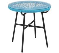 Outsunny Table basse ronde de jardin Ø50×50 cm résine aspect rotin métal plateau verre trempé Bleu