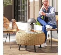 Outsunny Table d'appoint en rotin ronde Table basse Table de salon avec plateau en verre Ø75 x 42 cm Marron
