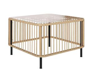 Outsunny Table de jardin en polyrotin - 65 x 65 x 43 cm - Résistante aux intempéries - Table d'appoint carrée avec plateau en verre - Table basse pour jardin, terrasse, balcon - Bois naturel