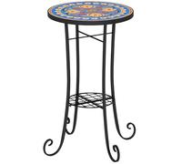 Outsunny Table de jardin ronde en mosaïque de 35,5 cm avec étagère, dessus en carreaux de céramique, petite table d'appoint de jardin, table d'appoint de bistrot, support de plantes pour intérieur