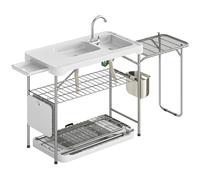 Outsunny Table de Nettoyage Portable pour Poisson, Table Pliante de Camping avec 2 éviers, Robinet, Tuyau, étagère latérale, Grille, tiroir, Panier, règle, rainures, Station de Nettoyage pour la
