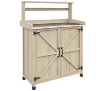Outsunny Table de rempotage table de jardinage style rustique avec placard et étagères et plateau galvanisé patins antidérapants en bois sapin pré-huilé dim. 90,5L x 41l x 124,5H cm effet bois naturel