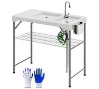 Outsunny Table pour nettoyer les poissons portable Table pliante pour camping avec 2 éviers, tuyau de drainage, station de nettoyage et robinet pour pêche barbecue Blanc