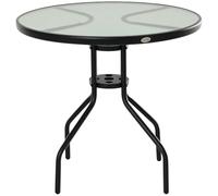 Outsunny Table ronde de jardin Ø80 x 72H cm – Acier époxy noir, verre trempé, trou parasol