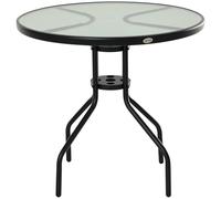 Outsunny Table ronde de jardin Ø80 x 72H cm – Acier époxy noir, verre trempé, trou parasol