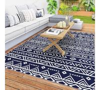 Outsunny Tapis d'extérieur robuste et résistant aux intempéries, avec style bohème, pour salon, balcon, jardin, terrasse, salle de bain, couloir, cuisine, 182 x 274 cm, bleu + blanc