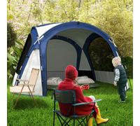 Outsunny Tente de Camping 4-5 Places avec 4 Portes à Fermeture éclair, Moustiquaire et Crochet, 350x350x230cm, Blanc et Bleu