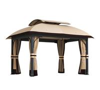 Outsunny Tonnelle avec double toit, 4 x 3,3 m, imperméable, stable, résistante à l'hiver, avec moustiquaire, panneaux latéraux, en métal galvanisé, pour jardin, terrasse, kaki