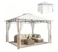 Outsunny Tonnelle de jardin 3 x 3,6 m, pavillon de jardin Gazebo à double toit, parois en maille, UPF50+, structure métallique, tente d'extérieur, terrasse, patio, crème et teck
