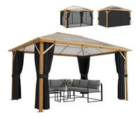 Outsunny Tonnelle de Jardin 3x4m Aspect Bois avec Toit Rigide en Polycarbonate UV50+ - Pavillon Extérieur Aluminium Imperméable avec Moustiquaire et Rideaux - Gazebo de Luxe pour Terrasse, Naturel