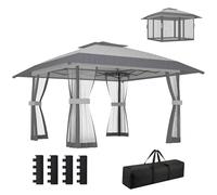 Outsunny Tonnelle de Jardin 4 x 4 m Pop up Tente Pliante réglable en Hauteur Protection UV30+ tonnelle Pliante avec Double Toit 4 parois en Maille 4 Sacs de Sable Sac de Transport Montage Facile Gris