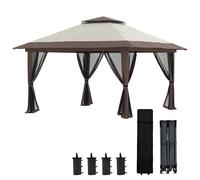 Outsunny Tonnelle de jardin extérieur barnum de jardin pop-up tente pliant 4 x 4 m double toit protection UV 50+ 4 moustiquaires, 4 sacs de sable, 1 sac de transport tissu Oxford métal beige et marron